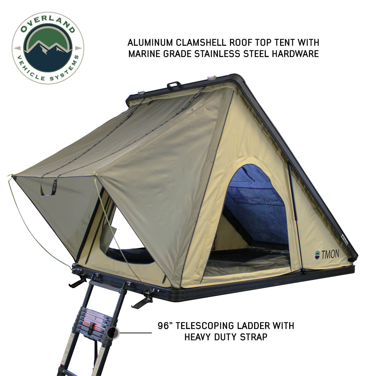 LD TMON - Clamshell Aluminum Roof Top Tent, 2 Person, Tan Body & Green Rainfly