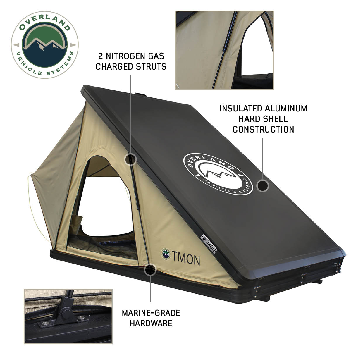 LD TMON - Clamshell Aluminum Roof Top Tent, 2 Person, Tan Body & Green Rainfly