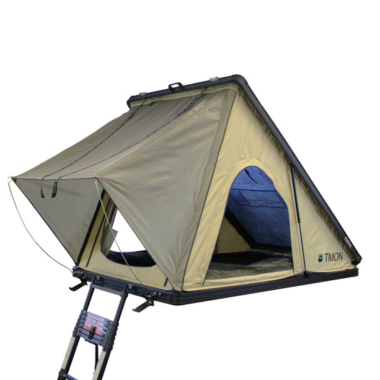 LD TMON - Clamshell Aluminum Roof Top Tent, 2 Person, Tan Body & Green Rainfly