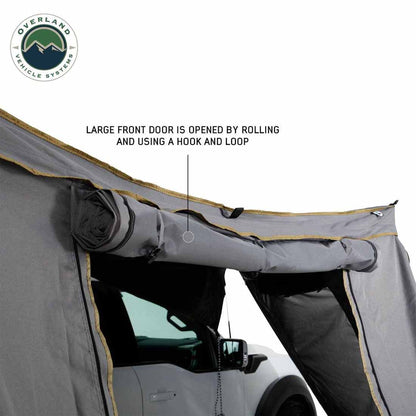 HD Nomadic 270 - Awning Wall 1 W/Door & Window, Passenger Side, Grey Body, Green Trim with Storage Bag