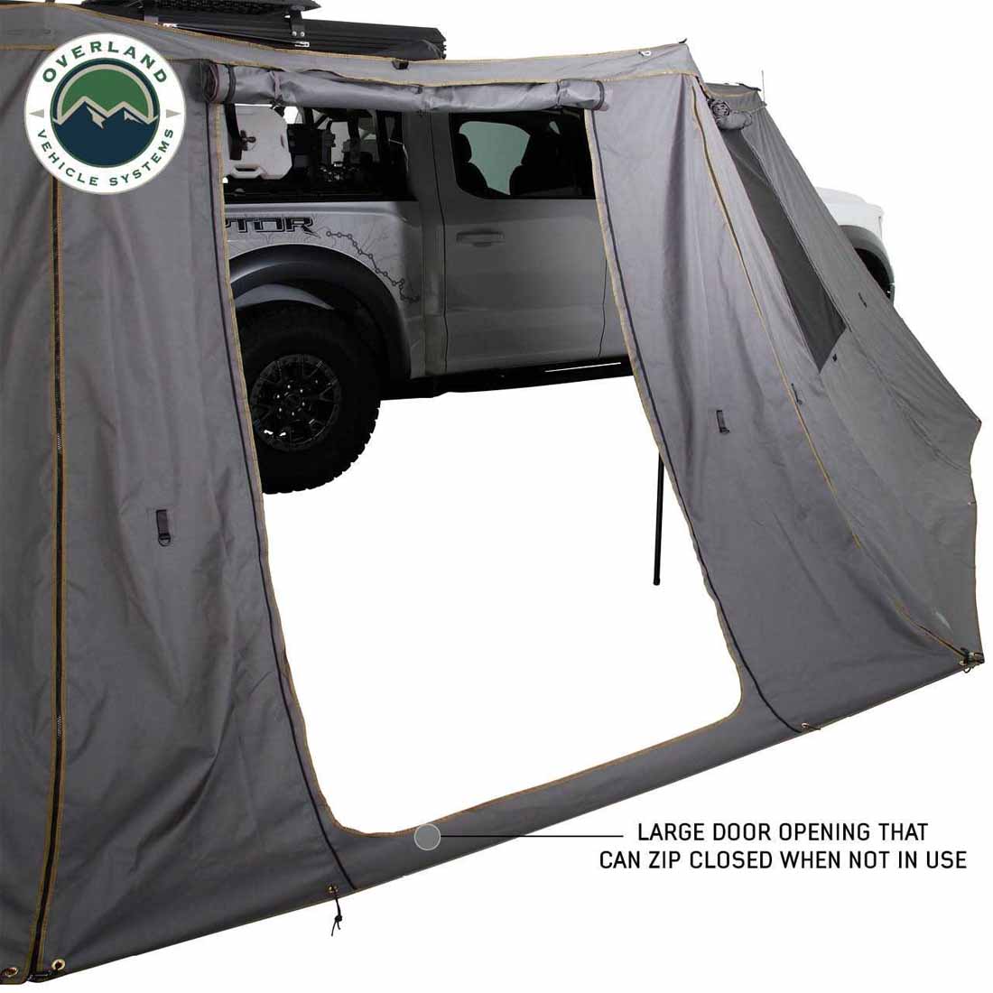 HD Nomadic 270 - Awning Wall 1 W/Door & Window, Passenger Side, Grey Body, Green Trim with Storage Bag