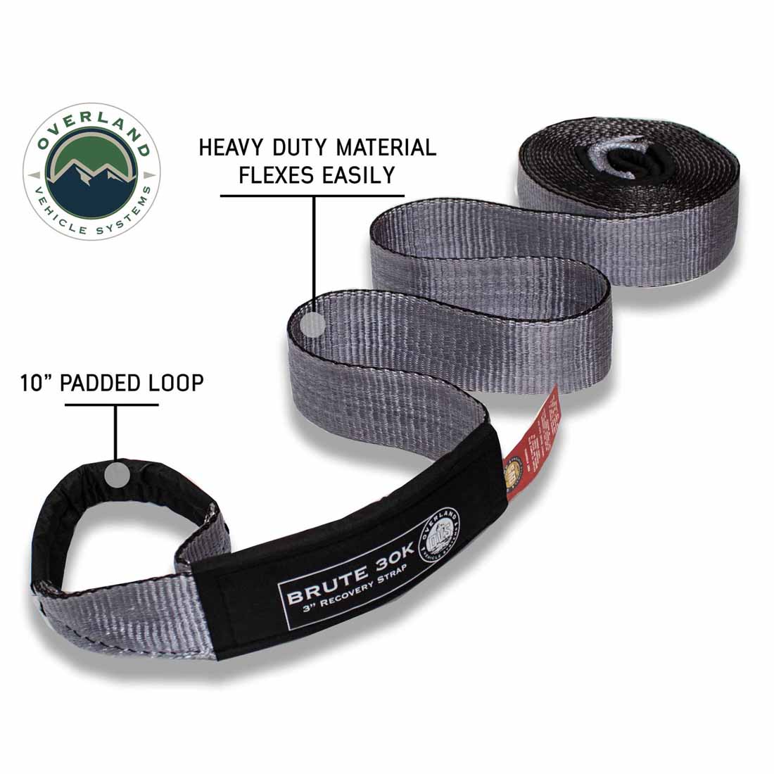 Heavy Duty Tow Strap 20,000 lb. 2” x 30’ - Gray with Black Ends & Storage Bag