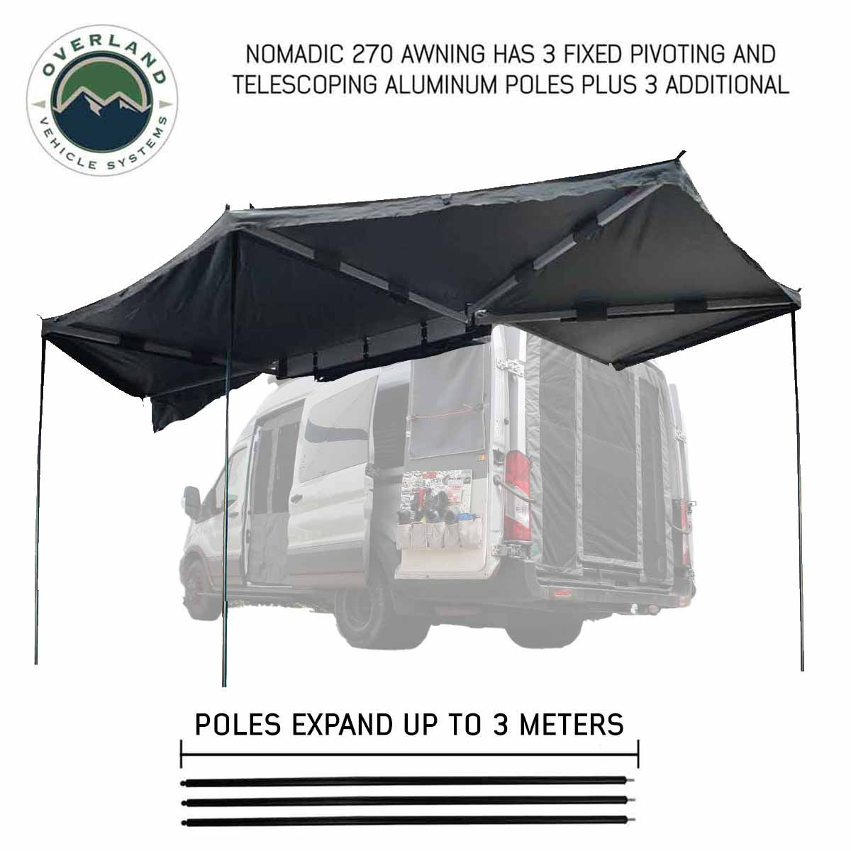 HD Nomadic 270 - Awning with Extended Poles for High Roof, Grey Body, Green Trim & Black Travel Cover