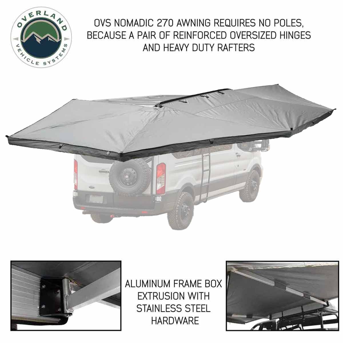 HD Nomadic 270 - Awning with Extended Poles for High Roof, Passenger Side, Grey Body, Green Trim & Black Travel Cover