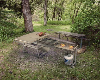 Komodo Camp Kitchen -  Dual Grill, Skillet, Folding Shelves, and Rocket Tower - Stainless Steel